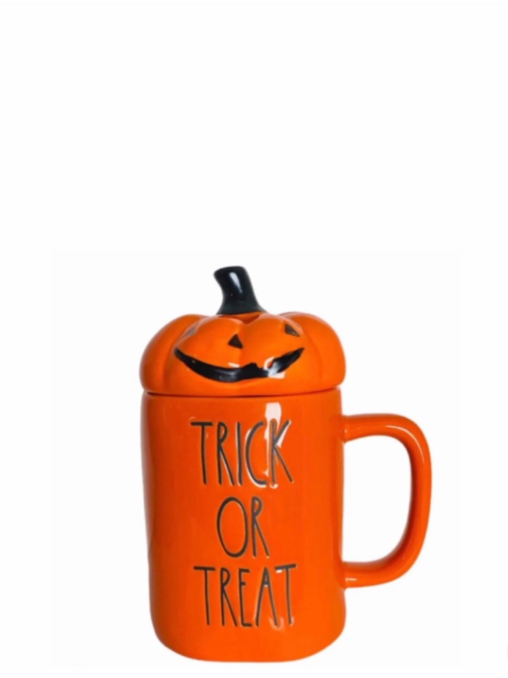 NEW Rae Dunn Trick or Treat Halloween Orange Coffee Mug with Pumpkin Topper 🎃